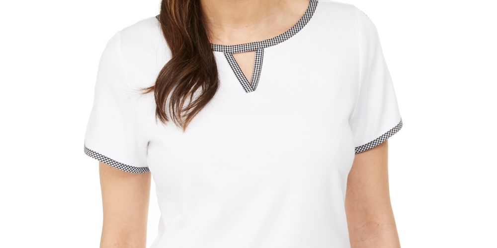 Karen Scott Women's Contrast-Trim Keyhole Top White Size Small