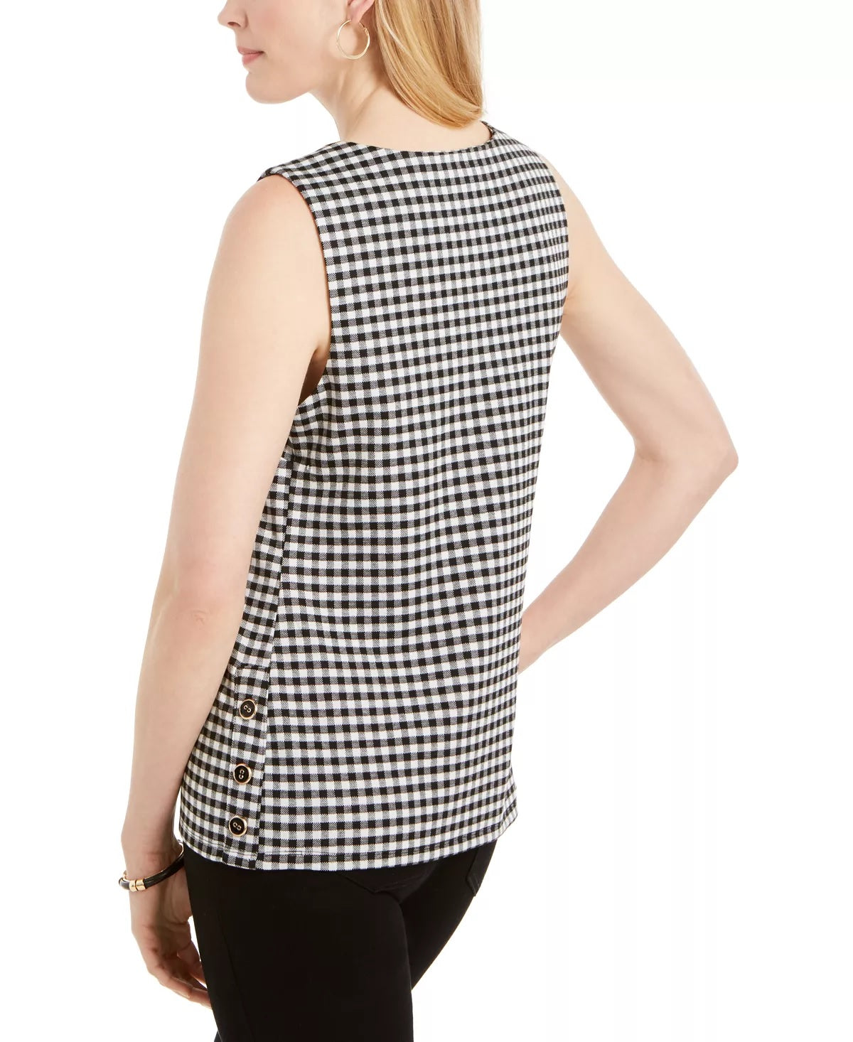 Charter Club Women's Gingham Print Button Side Top Black Size Medium