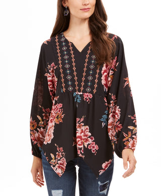 Style & Co Women's Printed Handkerchief-Hem Peasant Top Black Size Medium