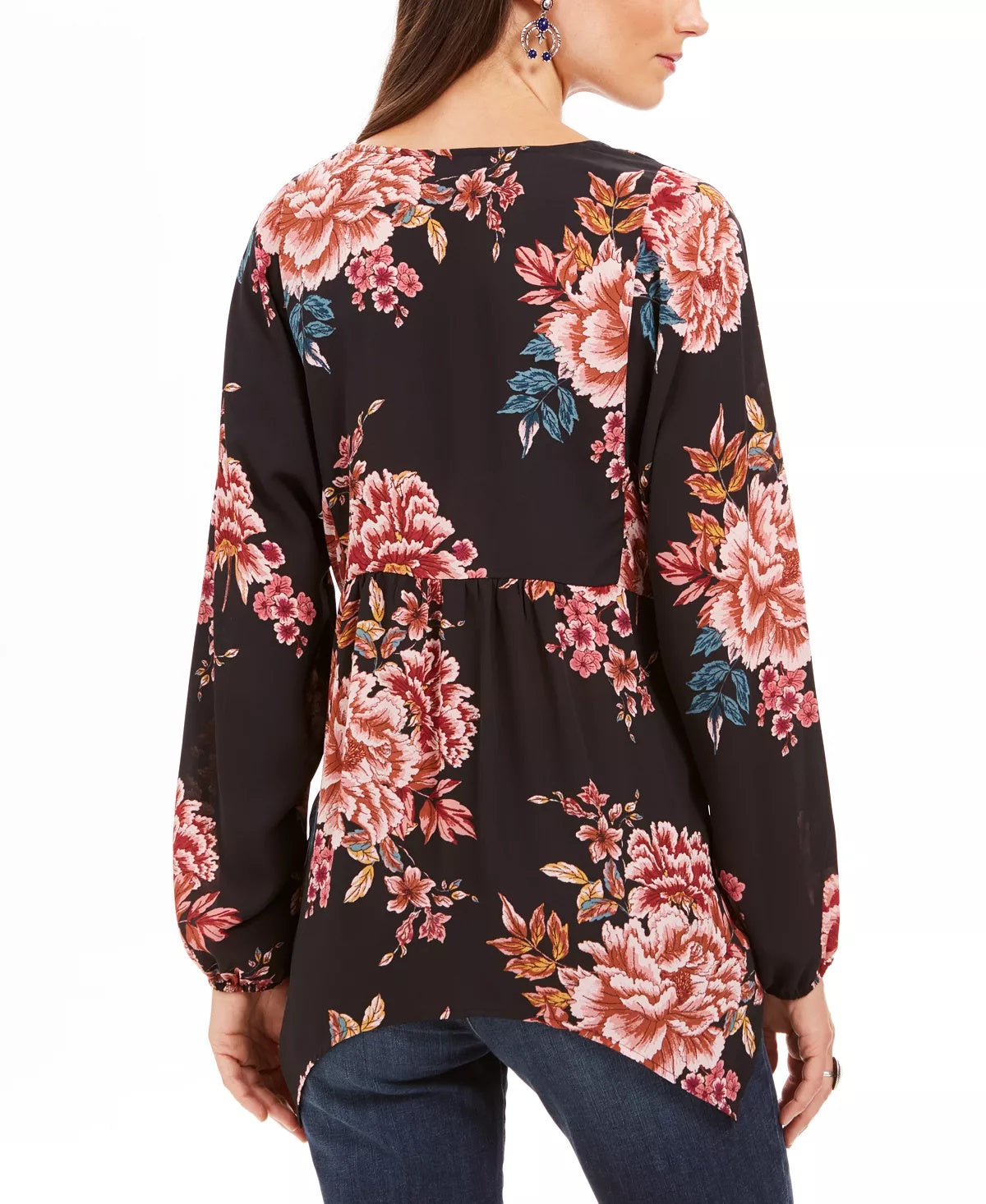 Style & Co Women's Printed Handkerchief-Hem Peasant Top Black Size Medium