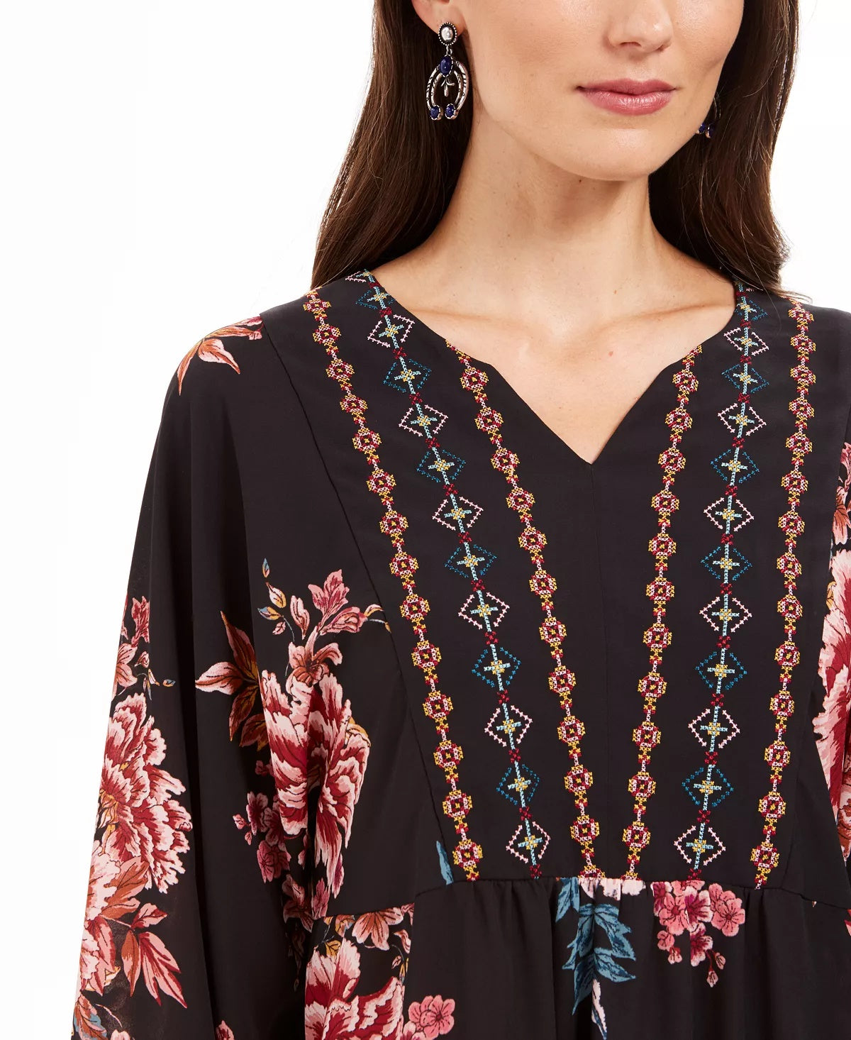 Style & Co Women's Printed Handkerchief-Hem Peasant Top Black Size Medium