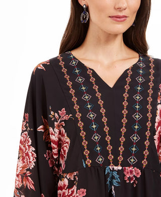 Style & Co Women's Printed Handkerchief-Hem Peasant Top Black Size Medium