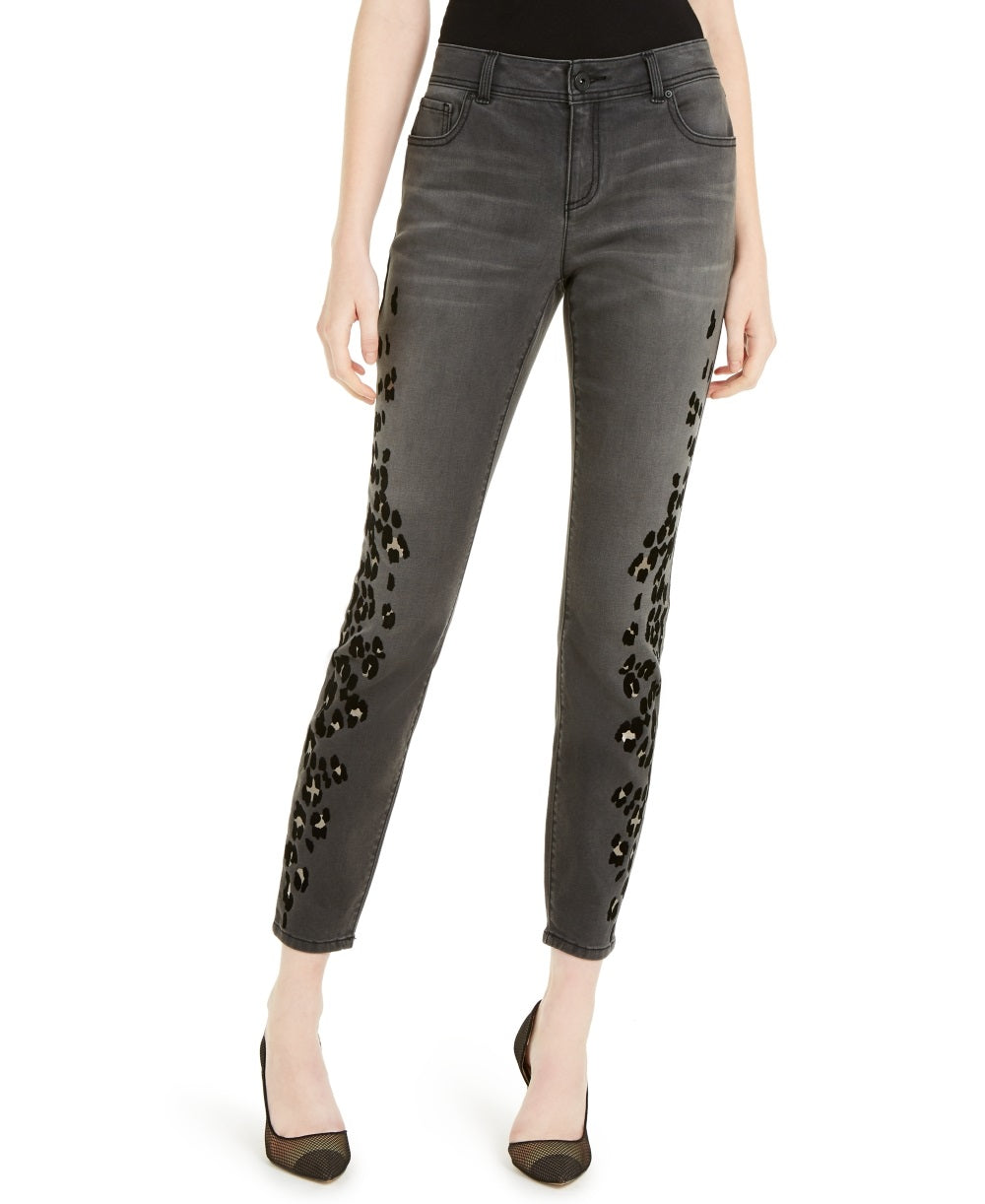 INC International Concepts Women's Flocked Leopard Print Skinny Jeans Black Size 4