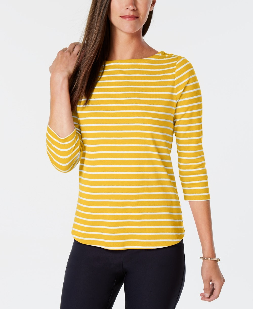 Charter Club Women's Pima Cotton Button Shoulder Print Top Gold Size Petite Medium