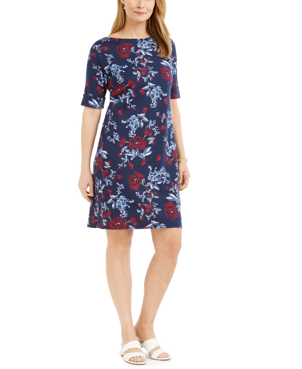 Karen Scott Women's Printed Boat Neck Dress Blue Size Small
