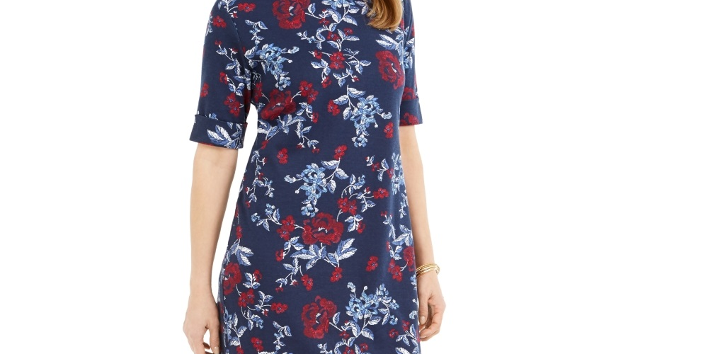 Karen Scott Women's Printed Boat Neck Dress Blue Size Small