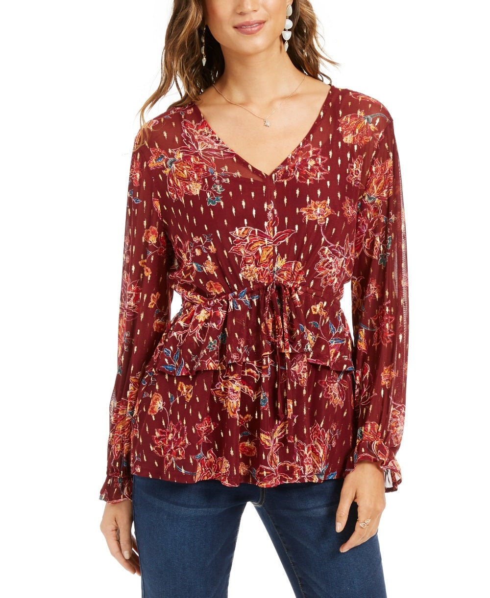 Style & Co Women's Printed Drawstring Waist Top Red Size PM