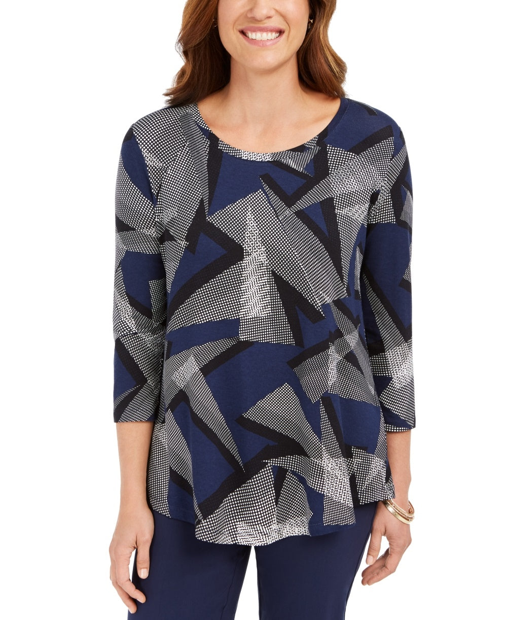 JM Collection Women's Printed 3/4 Sleeve Scoop Neck Top Blue Size X-Small