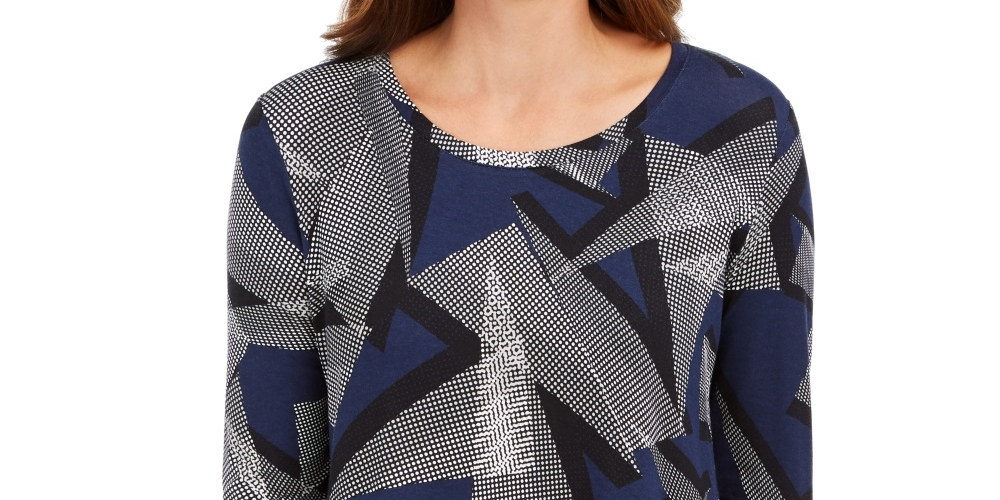 JM Collection Women's Printed 3/4 Sleeve Scoop Neck Top Blue Size X-Small