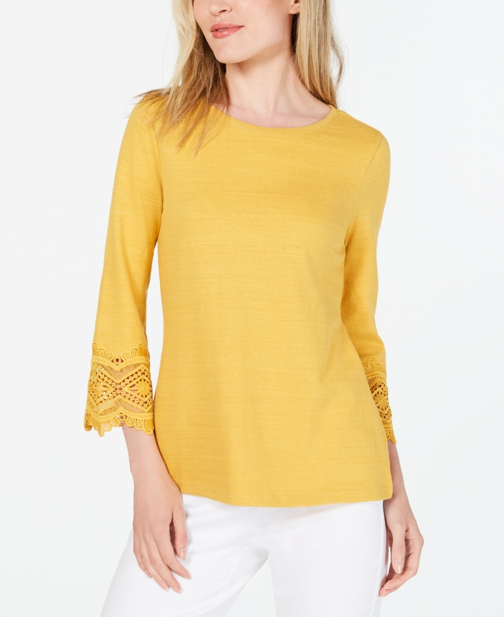 Charter Club Women's Cotton Lace Trim Top Yellow Size X-Large