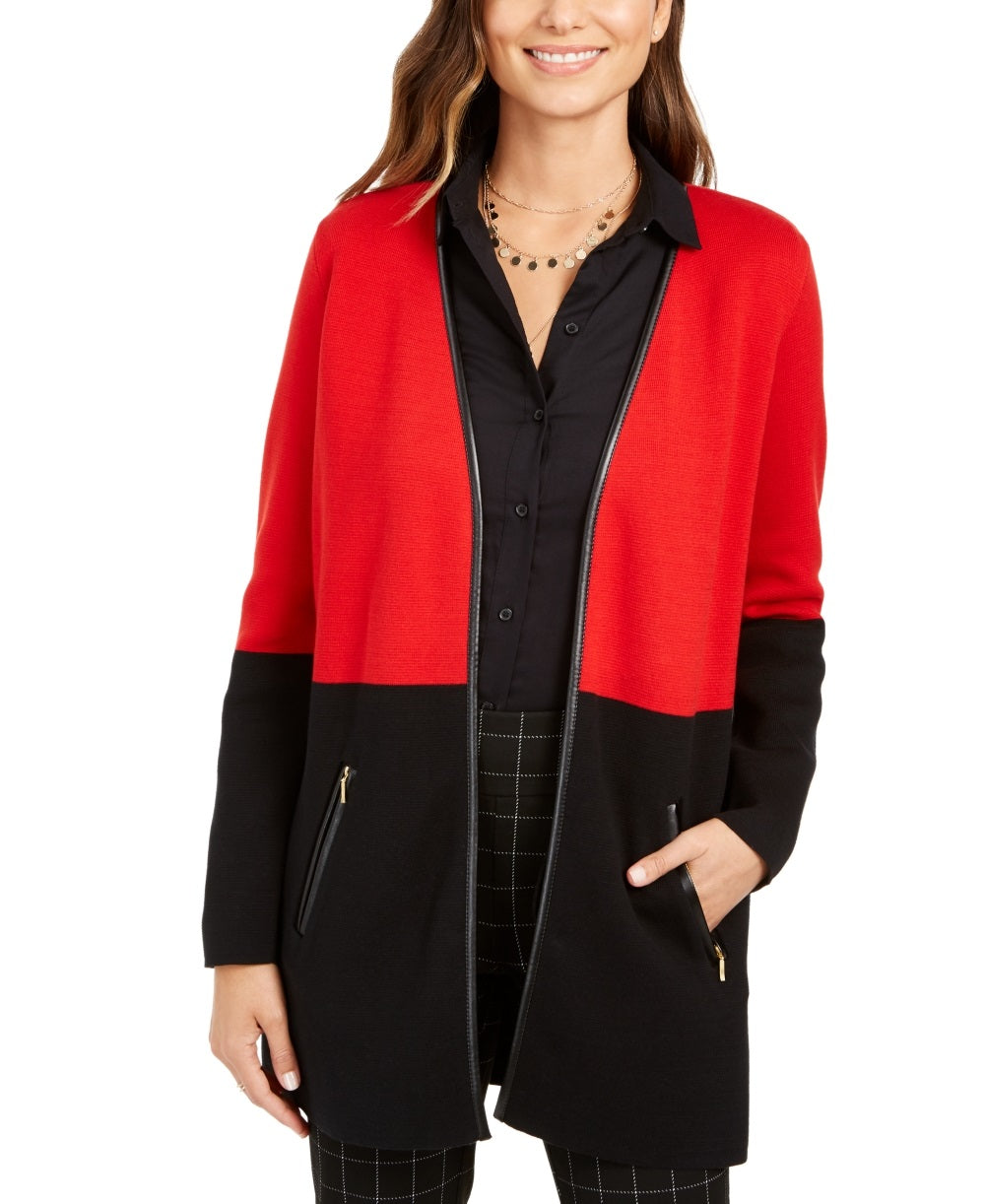 Charter Club Women's Faux Leather Trim Colorblock Cardigan Red Size PXL