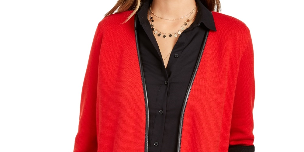 Charter Club Women's Faux Leather Trim Colorblock Cardigan Red Size PXL
