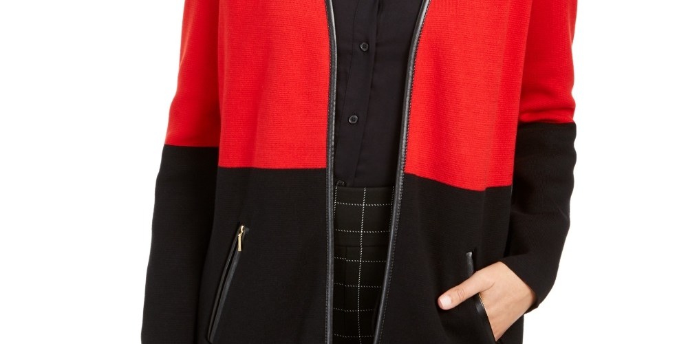 Charter Club Women's Faux Leather Trim Colorblock Cardigan Red Size PXL