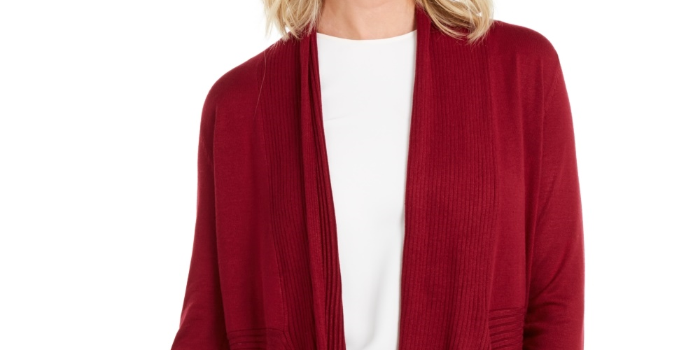 JM Collection Women's Ribbed Handkerchief-Hem Cardigan Medium Red Size X-Large