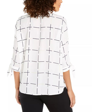 Alfani Women's Printed Tie Cuff Top White Size Petite Small