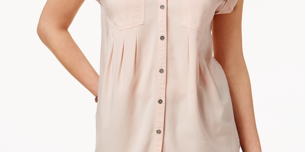 Style & Co Women's Pleated Cuffed-Sleeve Top  Pink Size Small