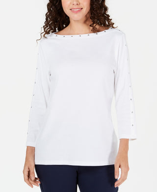 Karen Scott Women's Petite Studded Boat-Neck Cotton Top White Size PL