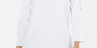 Karen Scott Women's Petite Studded Boat-Neck Cotton Top White Size PL