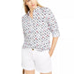 Charter Club Women's Printed Roll-Tab Sleeve Linen-Blend Top White Size X-Large