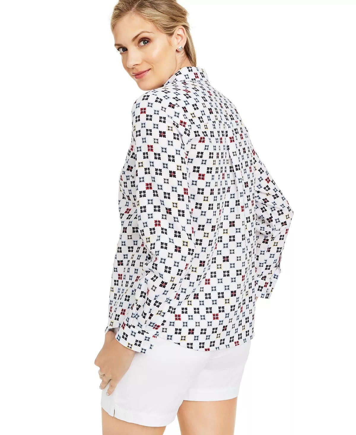 Charter Club Women's Printed Roll-Tab Sleeve Linen-Blend Top White Size X-Large