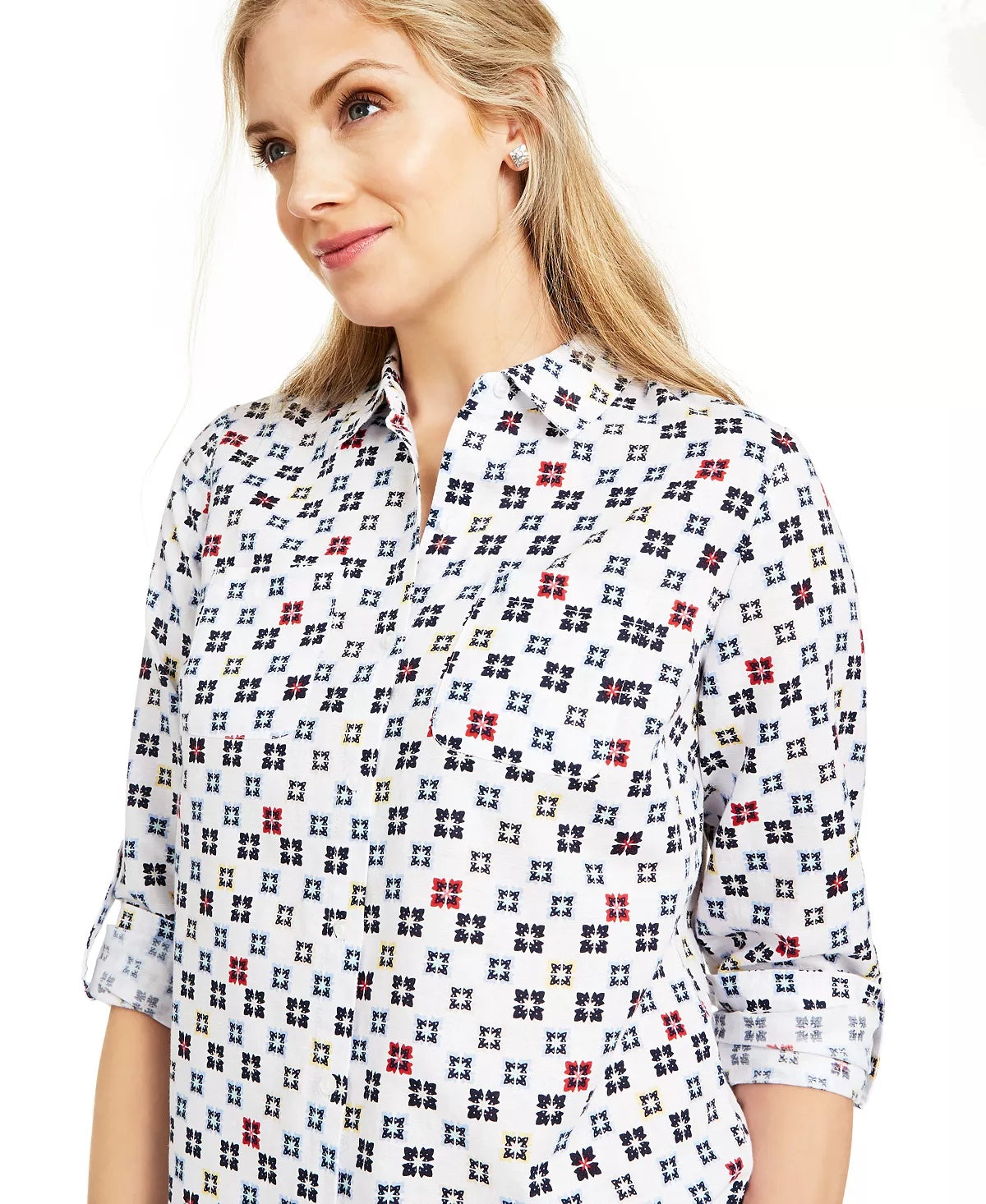 Charter Club Women's Printed Roll-Tab Sleeve Linen-Blend Top White Size X-Large