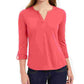 Charter Club Women's Supima Cotton Split Neck Top  Red Size Small