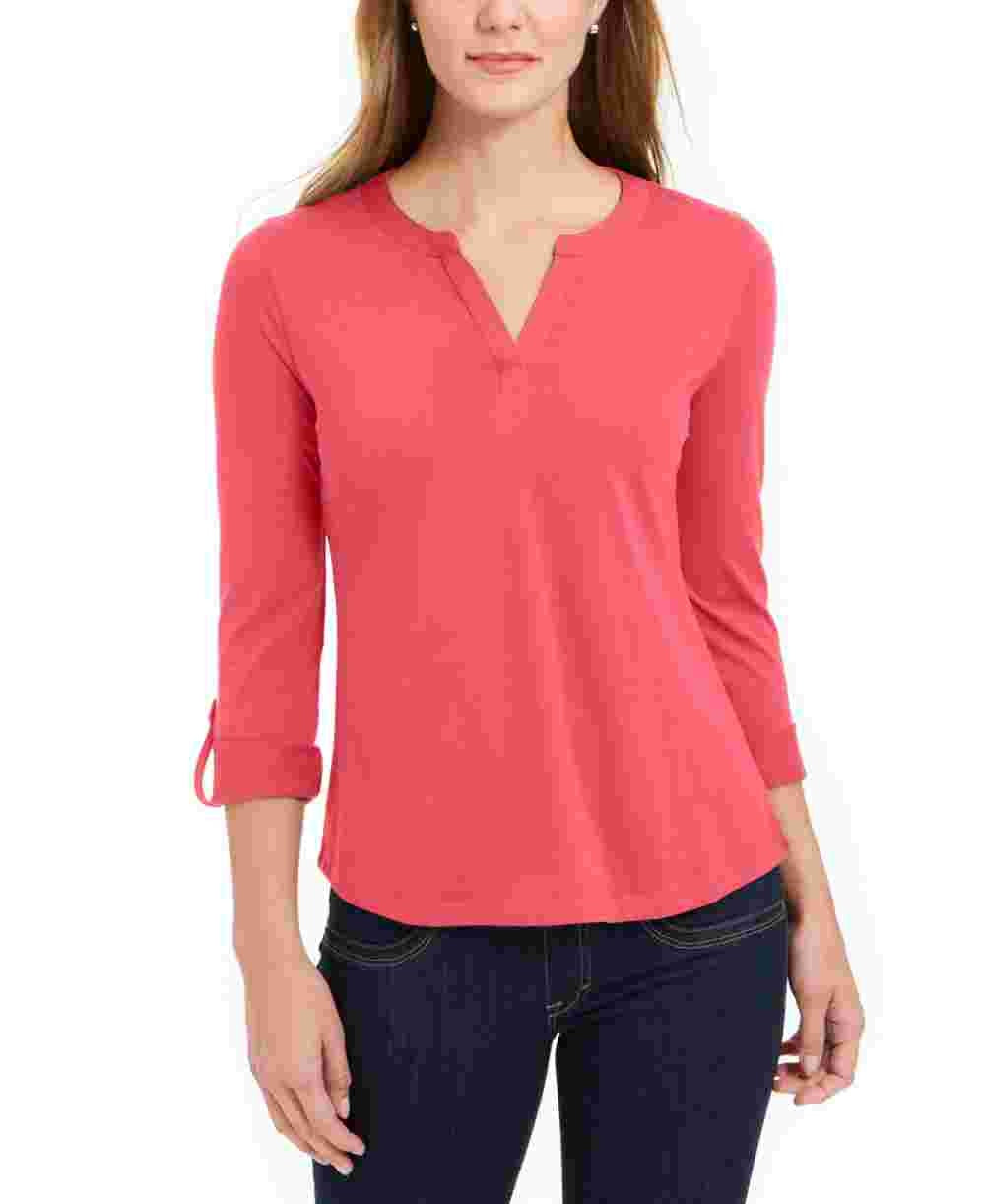 Charter Club Women's Supima Cotton Split Neck Top  Red Size Small