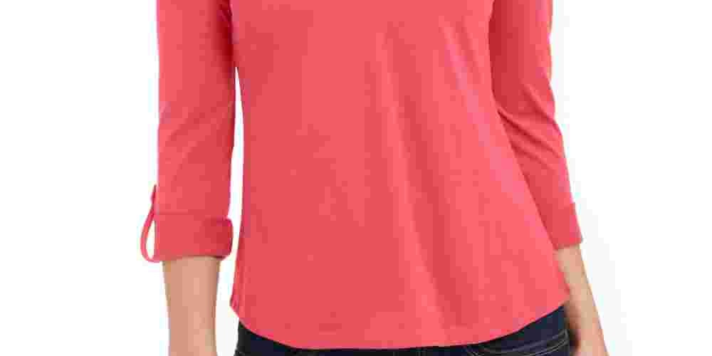 Charter Club Women's Supima Cotton Split Neck Top  Red Size Small