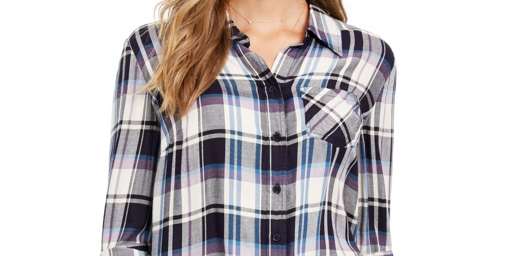 Style & Co Women's Plaid One Pocket Shirt White/Purple Size Large