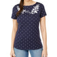 Karen Scott Women's Printed Embroidered Boat Neck Cotton Top Blue Size Small