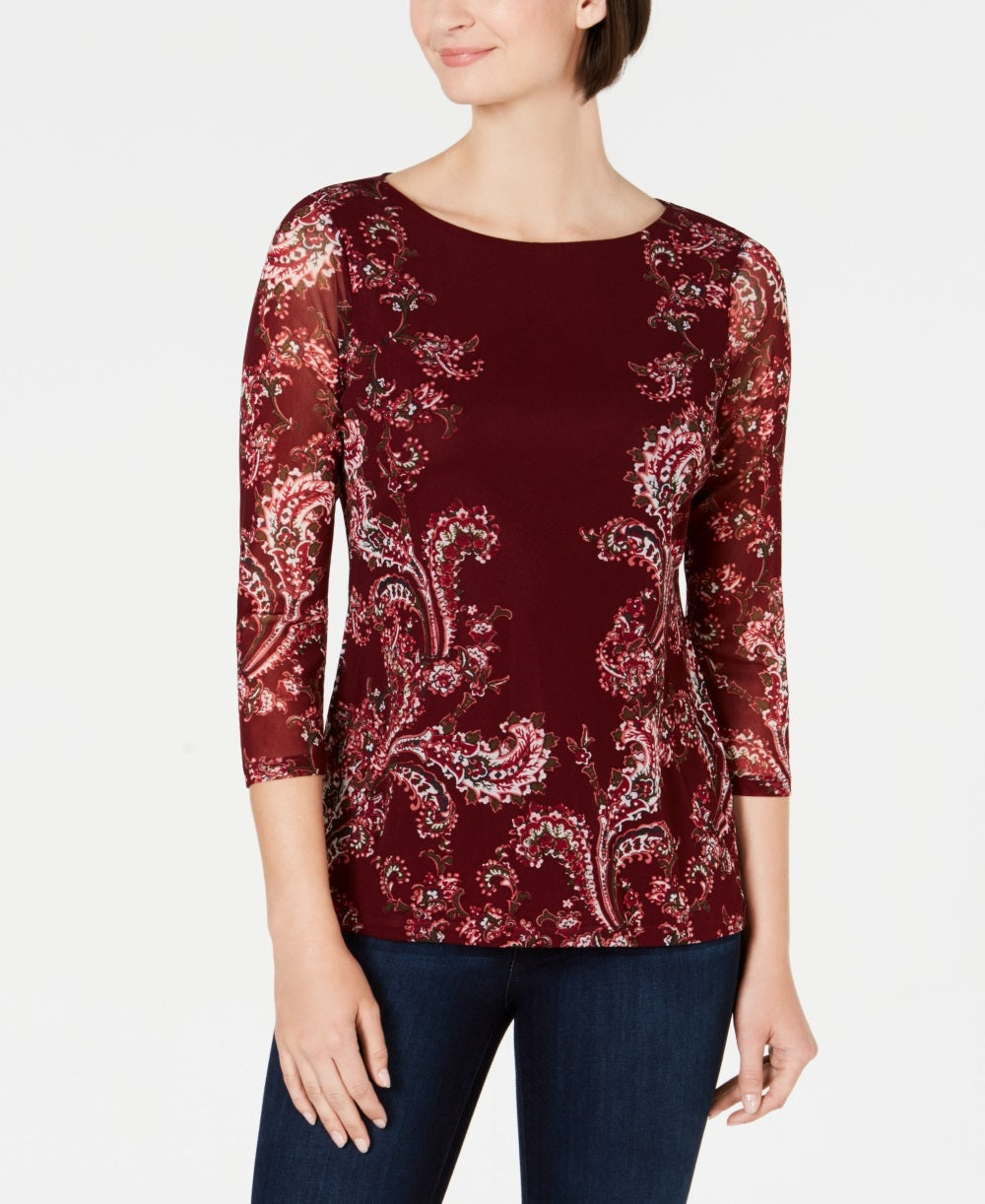 Charter Club Women's Floral Print Mesh Top Wine Size PL