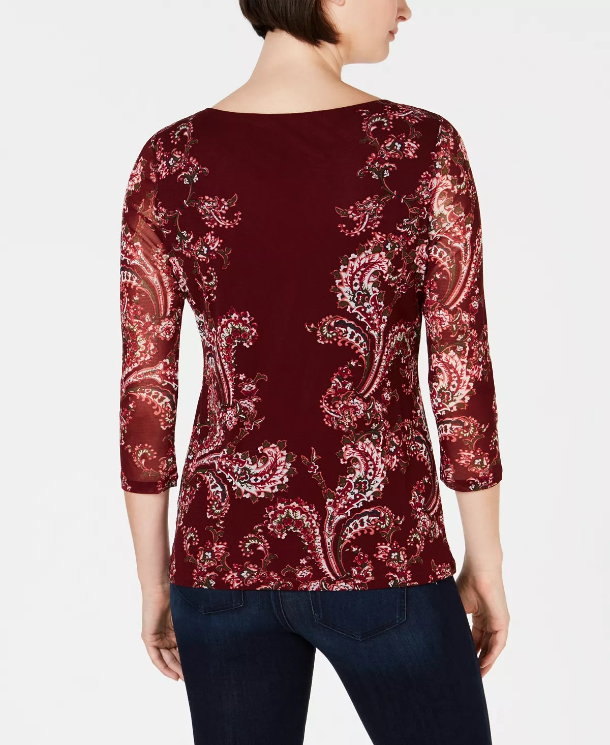 Charter Club Women's Floral Print Mesh Top Wine Size PL