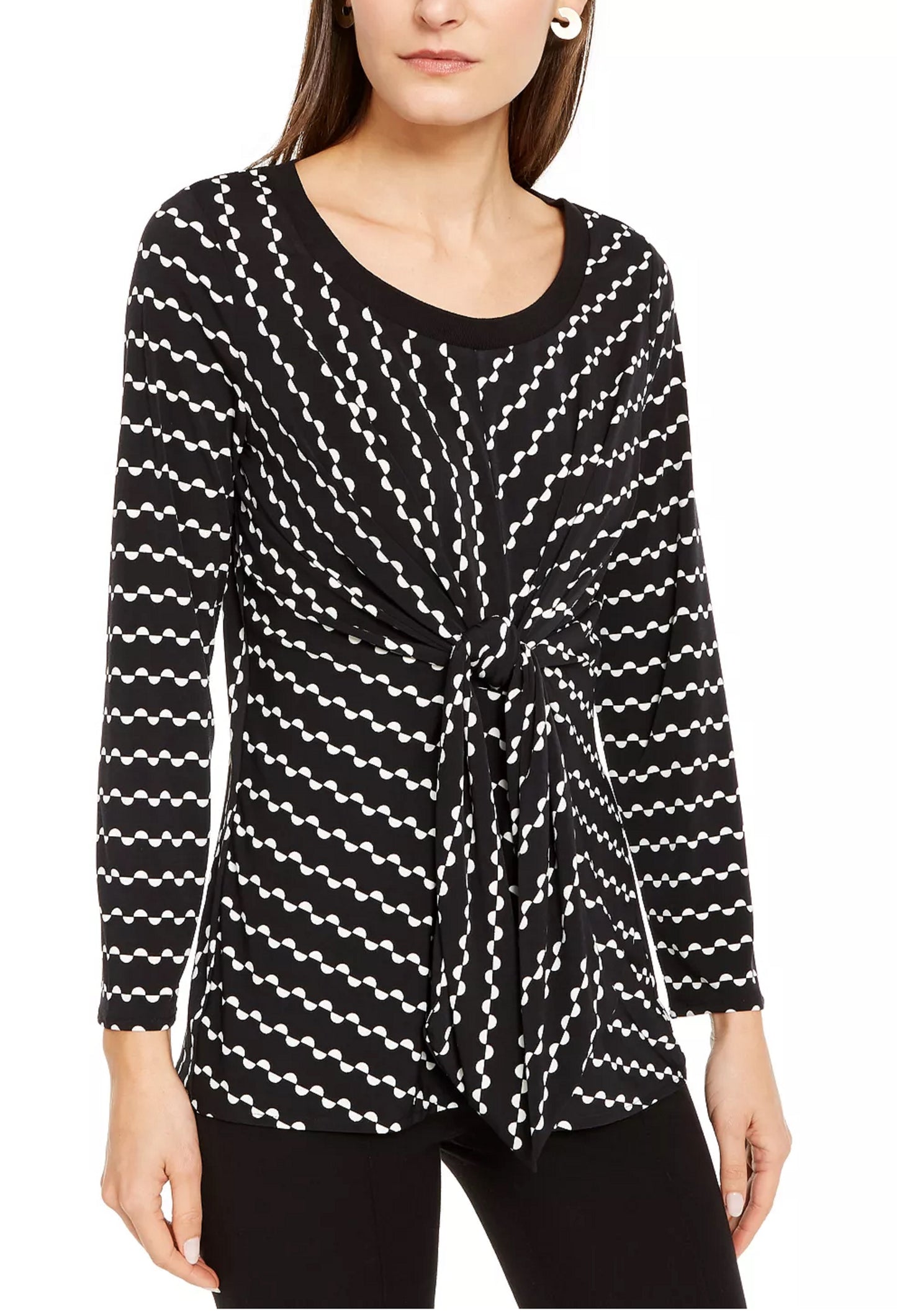 Alfani Women's Tie Printed Long Sleeve Scoop Neck Blouse Evening Top Black Size Petite Medium