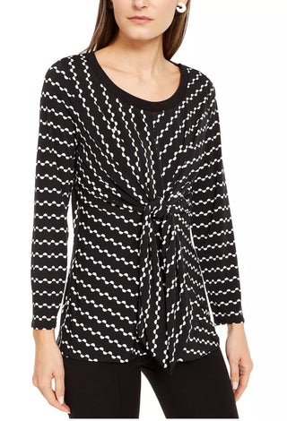 Alfani Women's Tie Printed Long Sleeve Scoop Neck Blouse Evening Top Black Size Petite Medium