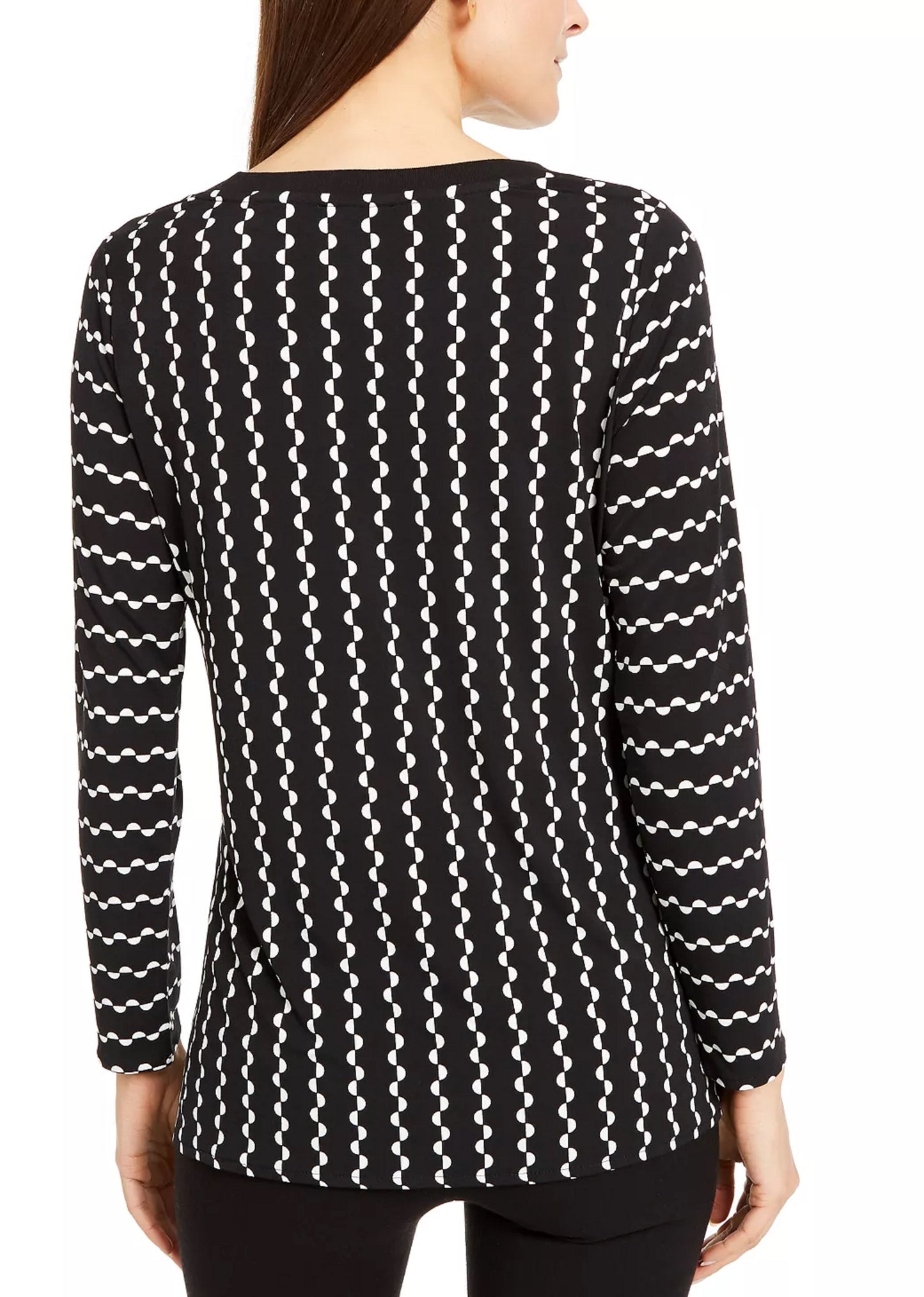 Alfani Women's Tie Printed Long Sleeve Scoop Neck Blouse Evening Top Black Size Petite Medium