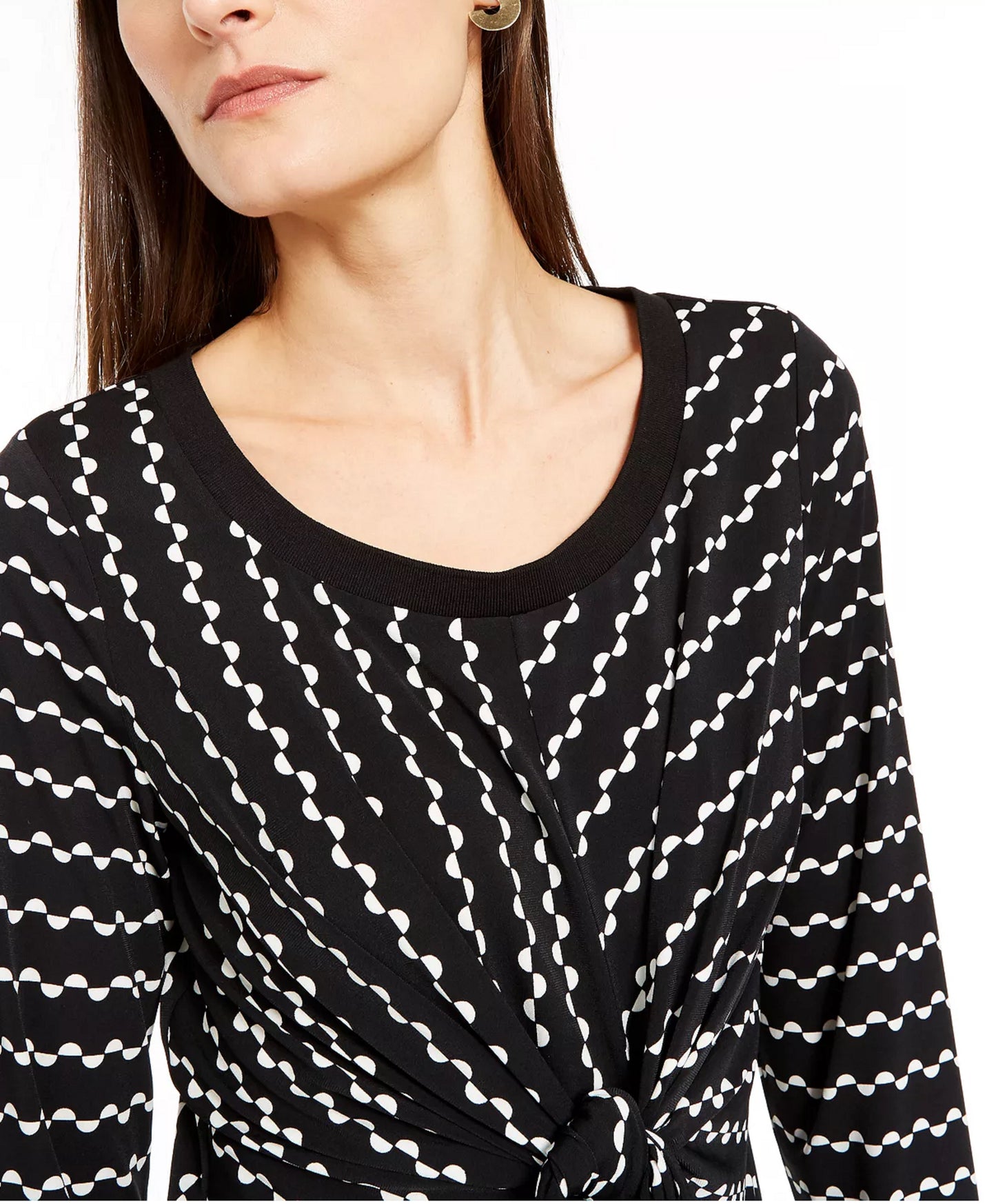 Alfani Women's Tie Printed Long Sleeve Scoop Neck Blouse Evening Top Black Size Petite Medium