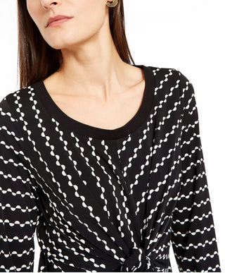 Alfani Women's Tie Printed Long Sleeve Scoop Neck Blouse Evening Top Black Size Petite Medium