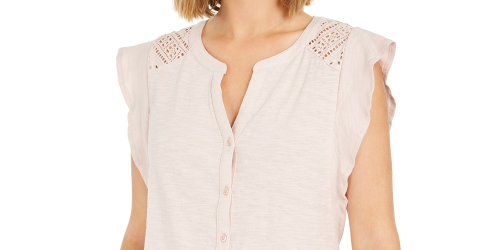 Style & Co Women's Eyelet Sleeveless Shirt Beige Size Medium