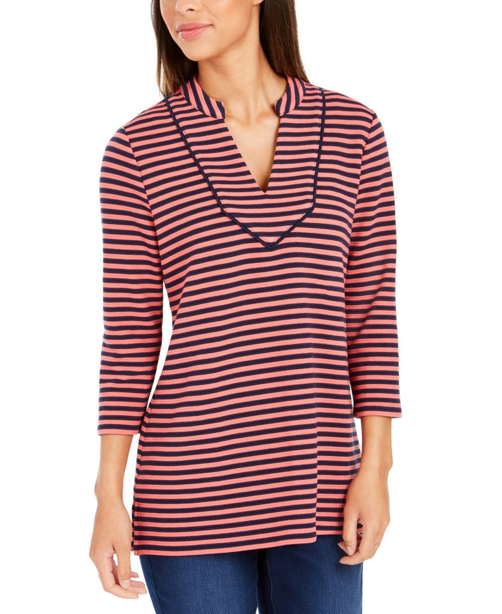 Charter Club Women's Striped 3/4 Sleeve Top Red Size Small
