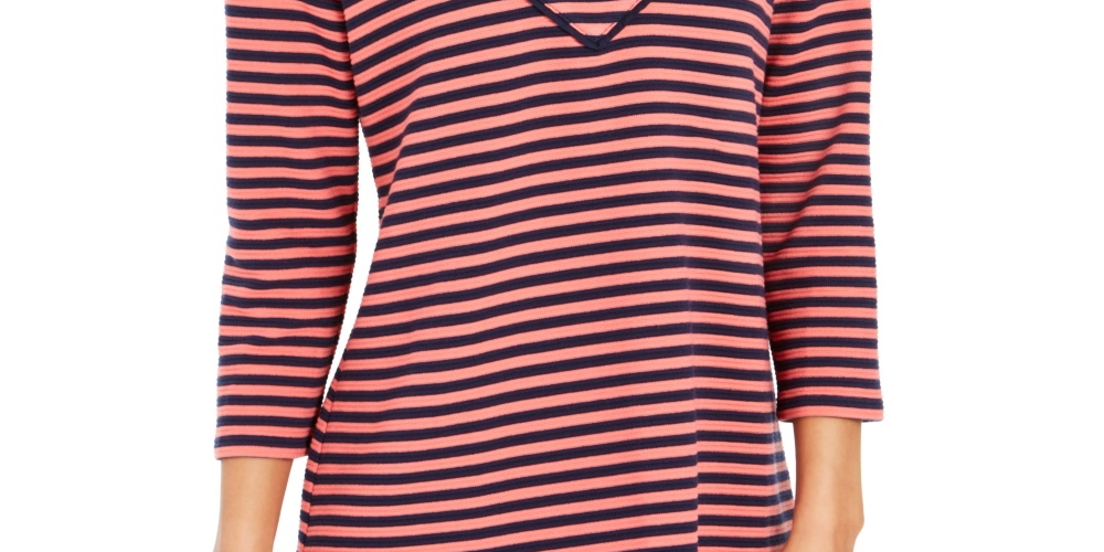 Charter Club Women's Striped 3/4 Sleeve Top Red Size Small