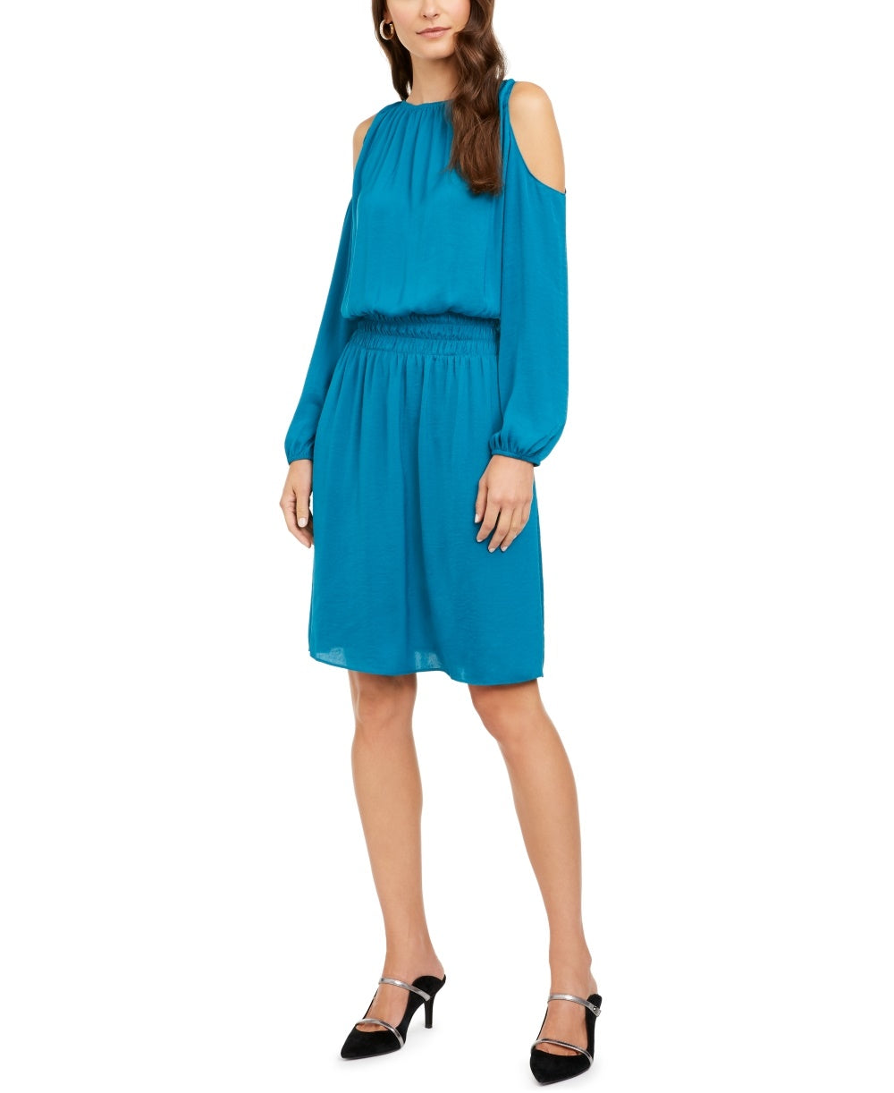 Alfani Women's Smocked Waist Cold Shoulder Dress Blue Size PXL