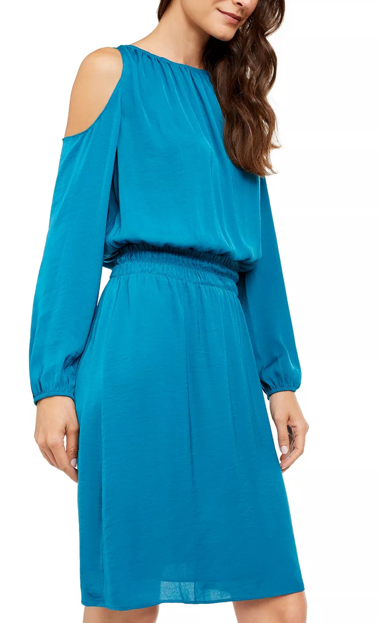 Alfani Women's Smocked Waist Cold Shoulder Dress Blue Size PXL