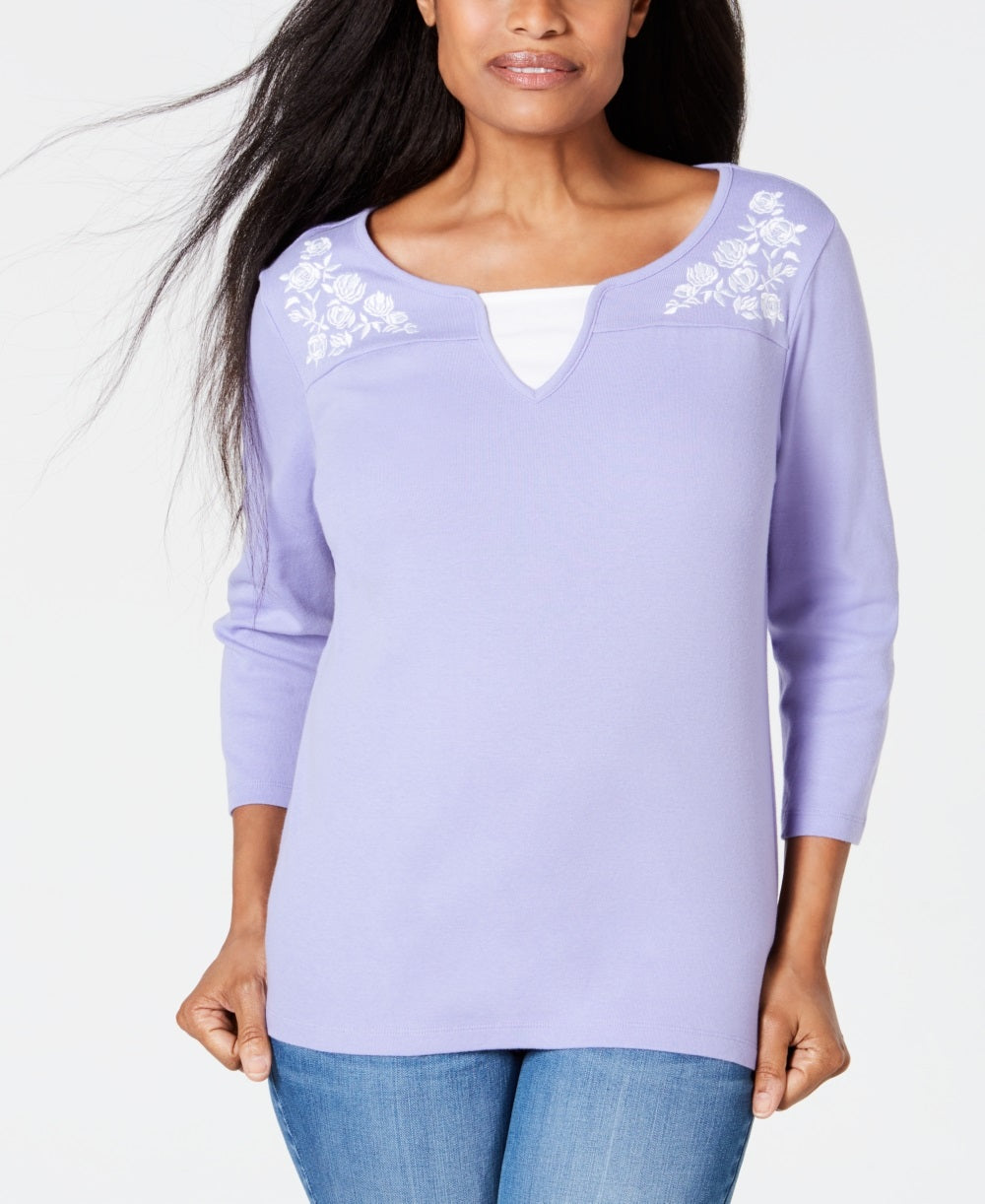 Karen Scott Women's Embroidered Cotton Layered Look Top Purple Size Small