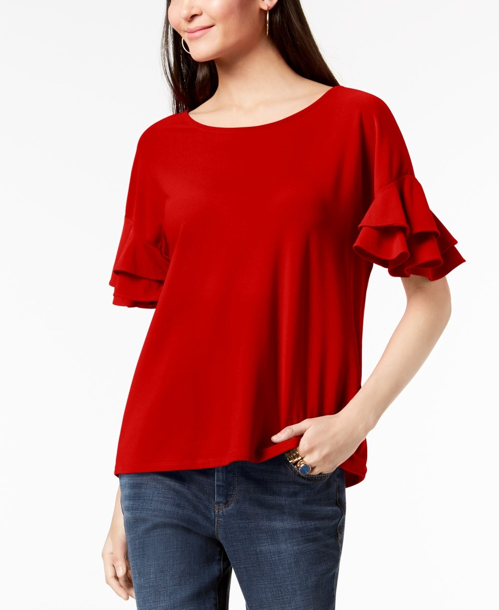 INC International Concepts Women's Petite Ruffled-Sleeve Top Red Size Small