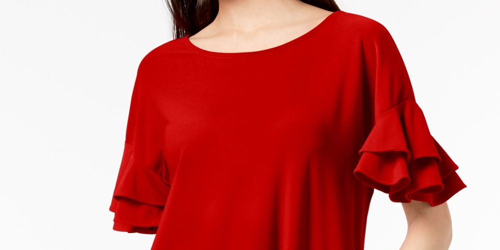 INC International Concepts Women's Petite Ruffled-Sleeve Top Red Size Small