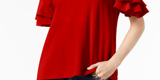 INC International Concepts Women's Petite Ruffled-Sleeve Top Red Size Small
