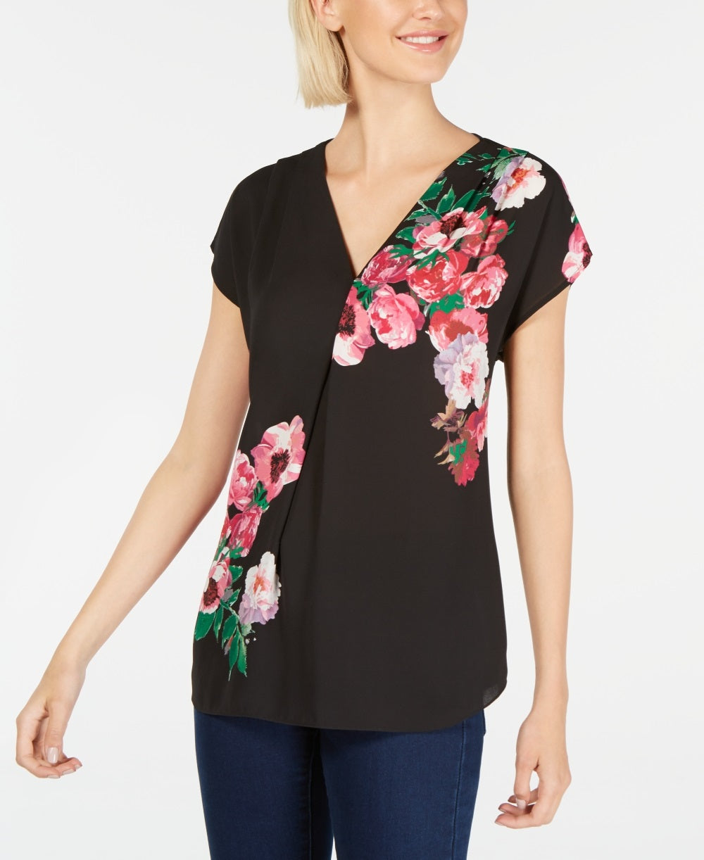 INC International Concepts Women's Petite Floral Print V Neck Top Black Size Petite Small