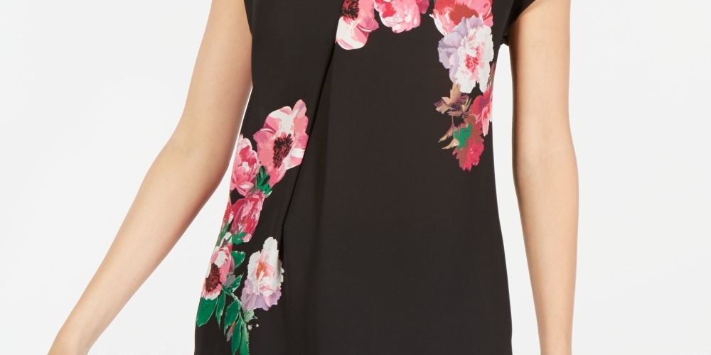INC International Concepts Women's Petite Floral Print V Neck Top Black Size Petite Small