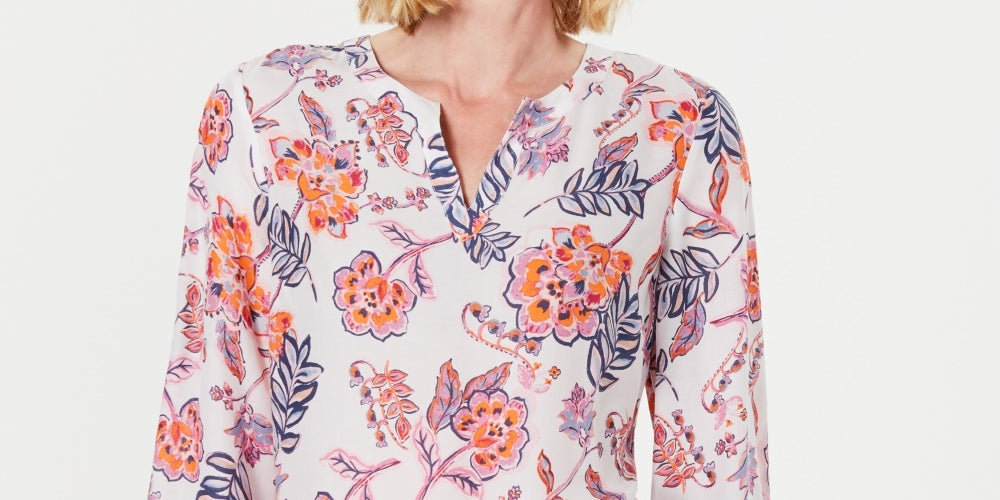 Charter Club Women's Petite Double-Floral Printed Tunic White Size PL