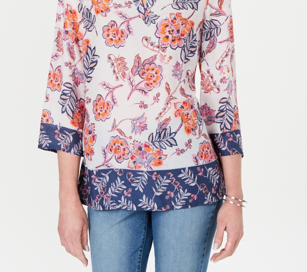 Charter Club Women's Petite Double-Floral Printed Tunic White Size PL